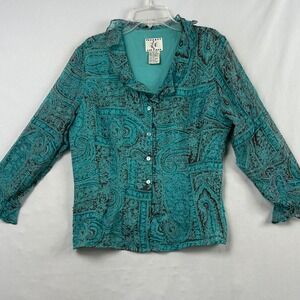 Vintage 90s ICE Silk Blouse Womens Medium Teal Paisley Ruffle Collar Beaded
